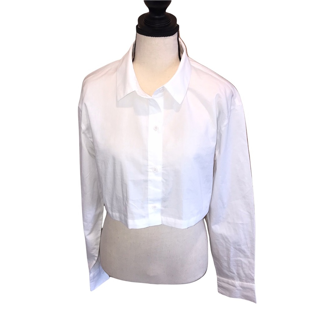 H&M Divided Crop Top White Long Sleeve Collared Button Down NWT Size Small
